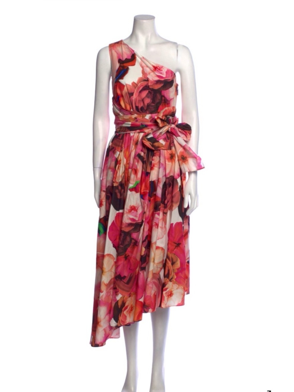 MSGM One-Shoulder Floral Midi Dress in Pink and Red